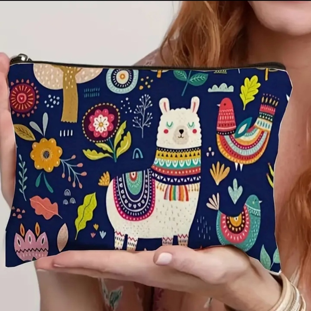 NEW Canvas Bag, llama and Bird, cosmetic, toiletry, and make-up bag, zipper bag